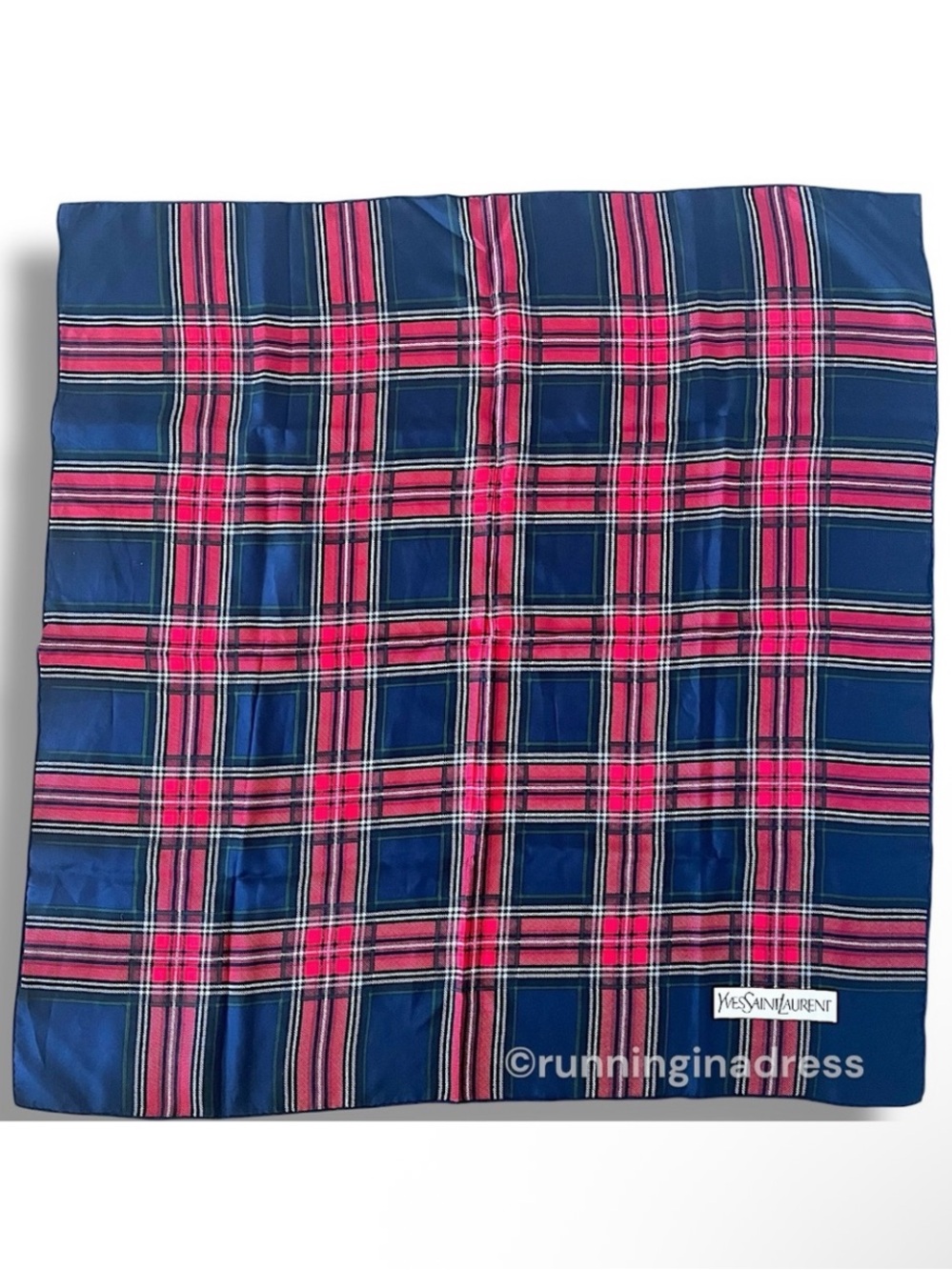 Vintage 1990s Yves Saint Laurent YSL Silk Scarf Red Blue Tartan Plaid 30” Square